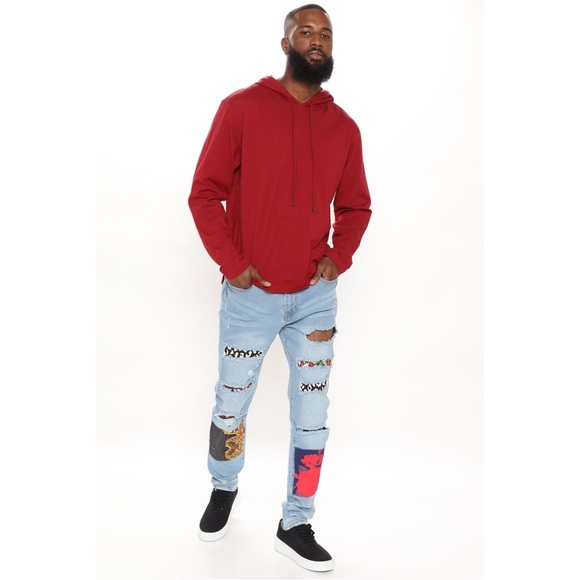 Fashion Nova Men Medium Wash Blue Big Time Patchwork Skinny Jeans Size 38 - Picture 3 of 13